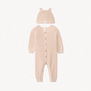 Combinaison + bonnet en tricot perlée uni pour bébé 