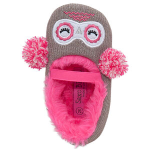 Πλεκτά χαμηλά παντοφλάκια με γυαλιστερό νήμα και ροζ συνθετική γούνα 