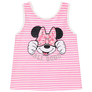 Αμάνικο μπλουζάκι ριγέ σχέδιο Minnie Disney και μήνυμα με glitter Main Αμάνικο μπλουζάκι ριγέ σχέδιο Minnie Disney και μήνυμα με glitter