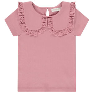 Κοντομάνικο πλεκτό μπλουζάκι με γιακά Claudine και κέντημα για κορίτσι 