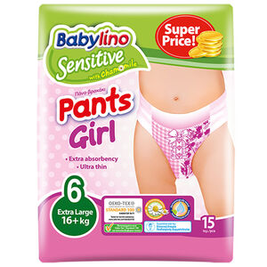 Babylino Πάνες Βρακάκι Sensitive With Chamomile Girl No. 6 για 16+kg 15τμχ 