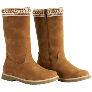 Μπότες καφέ με φερμουάρ και υφασμάτινη ταινία με χάντρες και παγιέτες για κορίτσι 