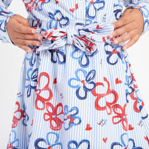 Φόρεμα μακρυμάνικο ριγέ με λουλουδάτο σχέδιο από πάνινο ύφασμα για κορίτσι 