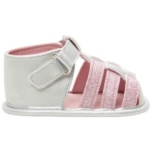 Ασημένιες μαλακές σανδάλες με γυαλιστερές λουρίδες για κορίτσι. 