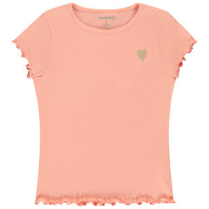 Κοντομάνικο T-shirt από πλεκτό με κέντημα καρδιά για κορίτσι 