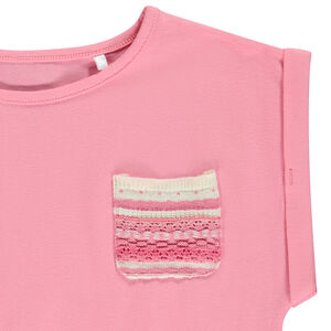 Κοντομάνικο μπλουζάκι με τσέπη φαντασίας σε πλέξη για κορίτσι 