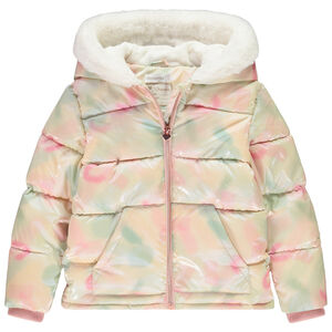 Μπουφάν με επένδυση από πάνινο ύφασμα με εφέ νάκρυ και κουκούλα με περιθώριο από ψεύτικη γούνα για κορίτσι 