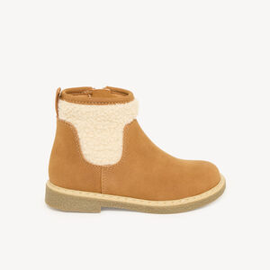 Bottines pour filles à zip marron avec empiècement en moumoute. 
