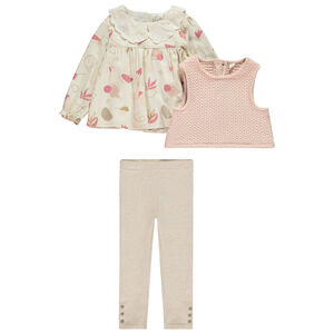 Σύνολο μπλούζας + αμάνικου πουλόβερ και μονόχρωμου κολάν για μωρό κορίτσι 