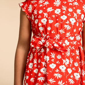 Φόρεμα κοντομάνικο με ζώνη και σχέδιο λουλούδια για κορίτσι 