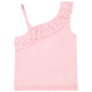 Αμάνικο μπλουζάκι με ασύμμετρες τιράντες και δαντέλα broderie anglaise για κορίτσι 