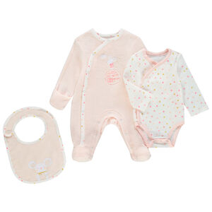 Set de naissance avec dors-bien rose, body imprimé et bavoir Main Set de naissance avec dors-bien rose, body imprimé et bavoir