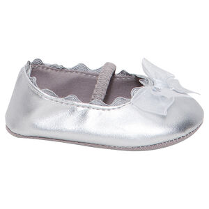Ασημί μαλακά παπουτσάκια με λάστιχο και φιόγκο από τούλι 