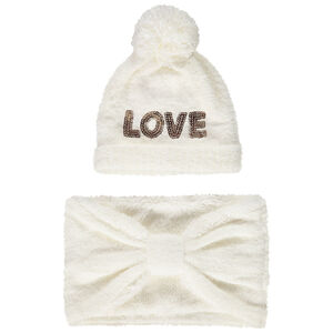 Σέτ με εφέ γούνας, σκουφάκι με παγιέτες + σνουντ για κορίτσι 