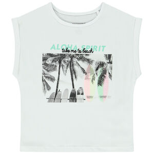 T-shirt forme boîte manches courtes print fantaisie fluo pour fille Main T-shirt forme boîte manches courtes print fantaisie fluo pour fille