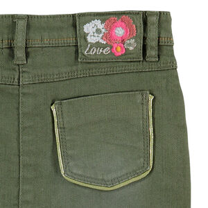 Φούστα από twill με εφέ used και κεντημένα λουλούδια με χρυσές λεπτομέρειες 