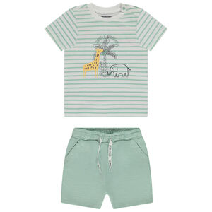 Σετ μπλουζάκι φαντασίας με ρίγες + μονόχρωμο σορτς για bebe αγόρι 