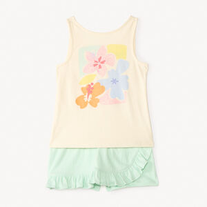 Σύνολο 2 τεμαχίων με αμάνικο μπλουζάκι + φούστα-σόρτς με λουλούδι για κορίτσι 