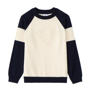 Πλεκτό πουλόβερ με εφέ colorblock και ανάγλυφο λογότυπο Superman Warner για αγόρι 