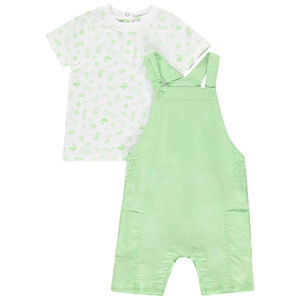 Σετ σαλοπέτας υφασμάτινης μονόχρωμης και κοντομάνικου μπλουζιού με φαντεζί σχέδιο για bebe αγόρι 