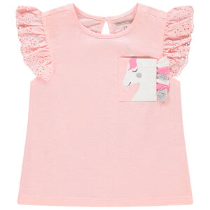 T-shirt κοντομάνικο με βολάν και τσέπη με σχέδιο 