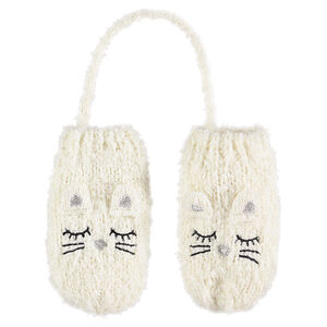 Απαλά εκρού πλεκτά γάντια με ενιαία παλάμη, ανάγλυφα αυτάκια και κεντημένες λεπτομέρειες 