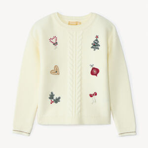 Pull manches longues en tricot fantaisie et broderie Noël pour fille  