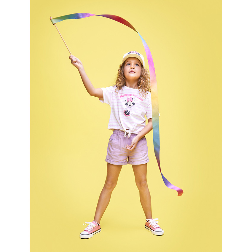 T-shirt κοντομάνικο με ρίγες και σχέδιο puff print Minnie Disney για κορίτσι 