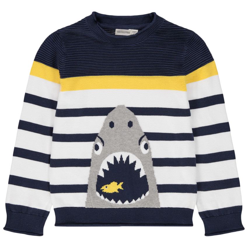 Πλεκτό πουλόβερ με ρίγες και καρχαρία σε ζακάρ 