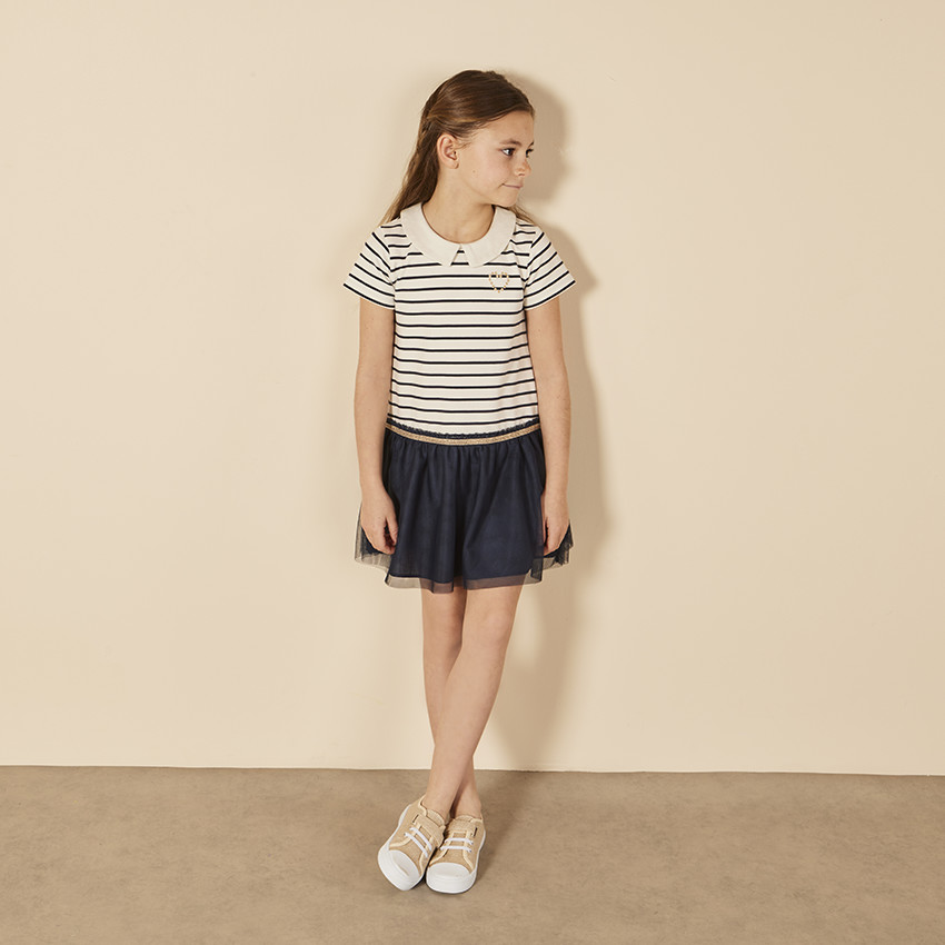 Φόρεμα κοντό μανίκι bi-matière με εφέ 2 σε 1 ριγέ για κορίτσι 