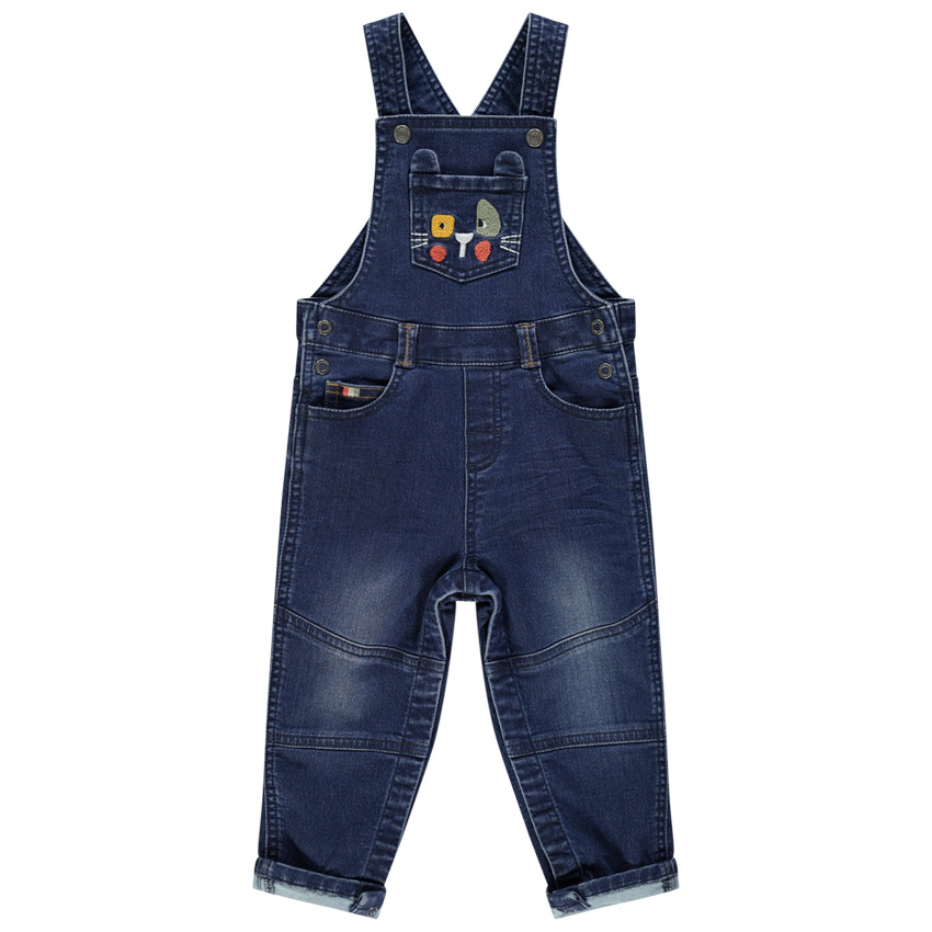 Salopette longue en jean à animal brodé sur la poche 