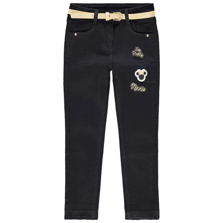 Slim τζιν με used όψη, μεταλλιζέ ζώνη και σήματα με τη Μίνι της Disney   