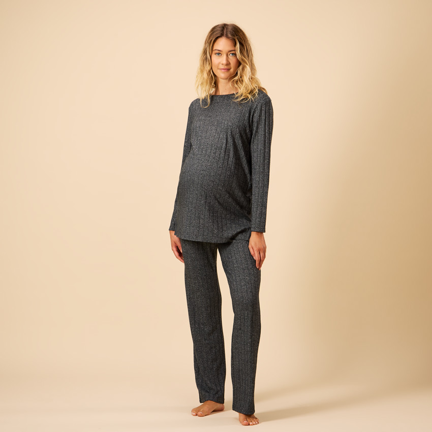 Γυναικείο Σετ Πιτζάμας 2 Τεμαχίων Με Μονόχρωμο Ριμπ Εφέ 