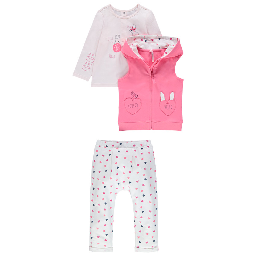 Φόρμα 3 κομματιών από βιολογικό βαμβάκι με μοτίβο καρδιές και τυπωμένα κουνελάκια 