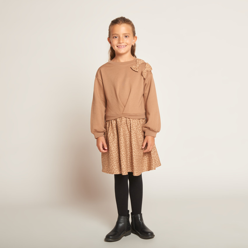 Robe effet 2 en 1 bi-matière imprimé léopard pour fille 