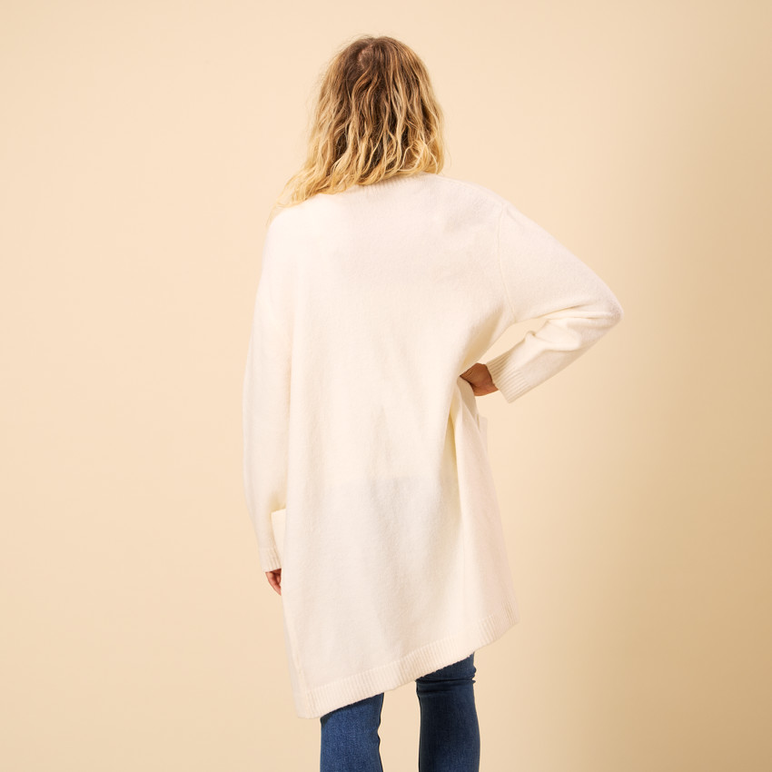 Ζακέτα μακριά μονόχρωμη από πλεκτό με τσέπες για γυναίκες 