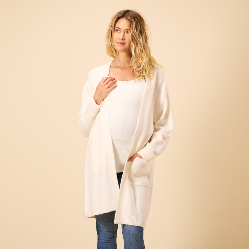 Ζακέτα μακριά μονόχρωμη από πλεκτό με τσέπες για γυναίκες 