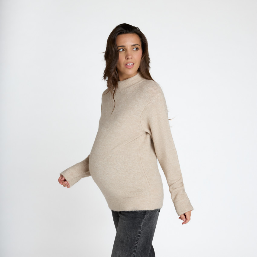 Pull manches longues uni à col montant pour femme 