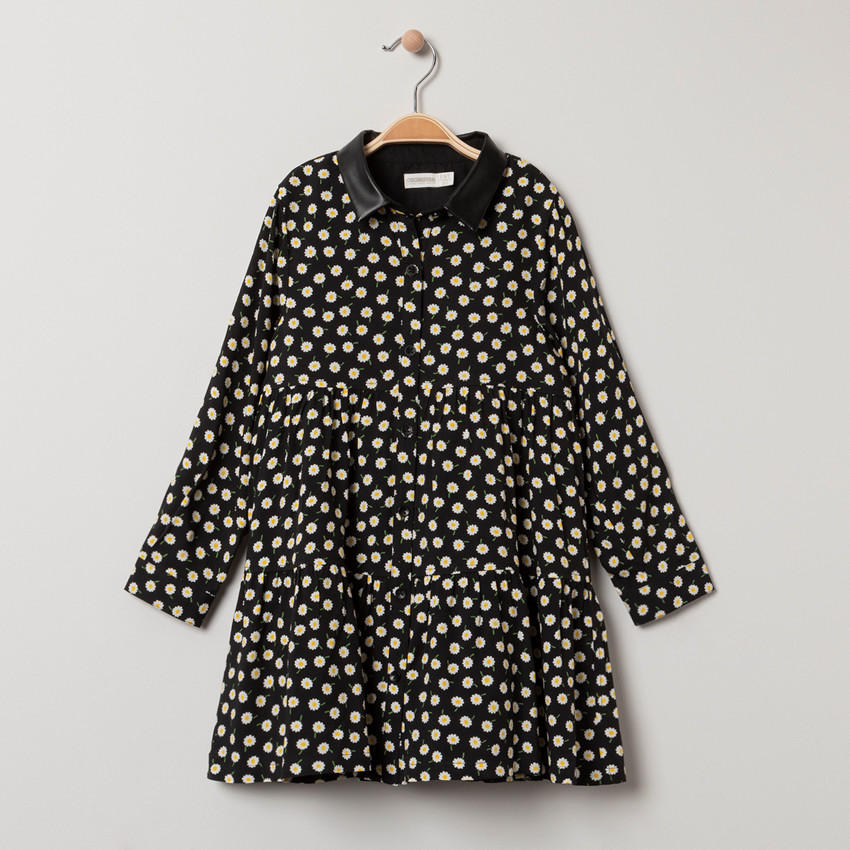 Robe manches longues à fleurs et col en simili cuir 