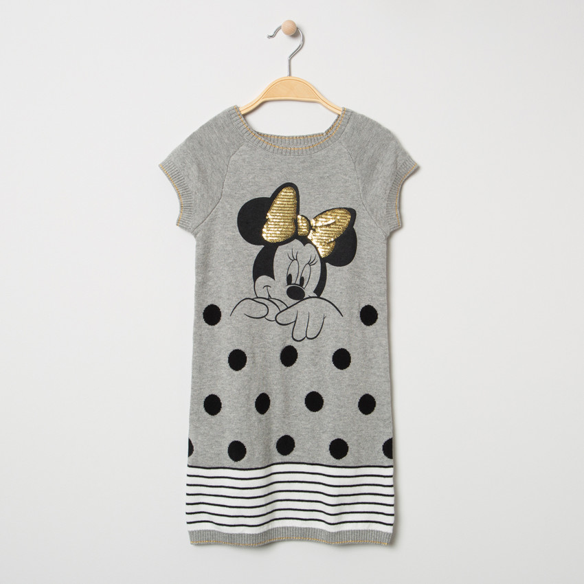 Πλεκτό κοντομάνικο φόρεμα με στάμπα τη Μίνι της Disney και χρυσαφί φιόγκο 