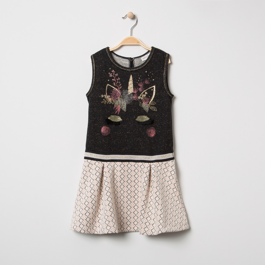 Αμάνικο φόρεμα με κεντημένο μονόκερο και ζακάρ μοτίβο 