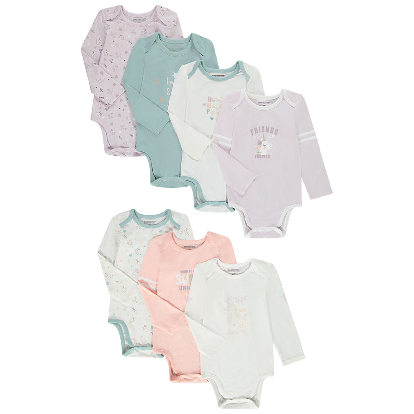 Σετ από 7 bodies μακρυμάνικα από jersey print μονόκερος για bebe κορίτσι 