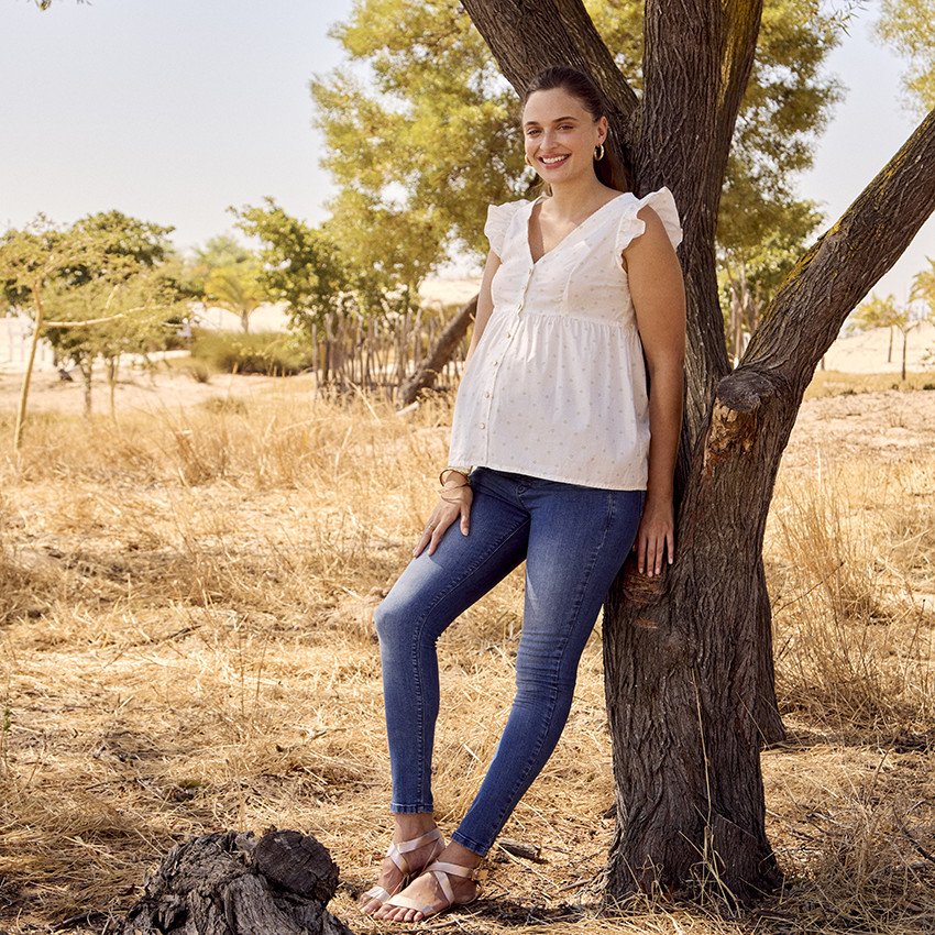 Γυναικείο πουκάμισο με κοντά μανίκια και βολάν, με σχέδιο 