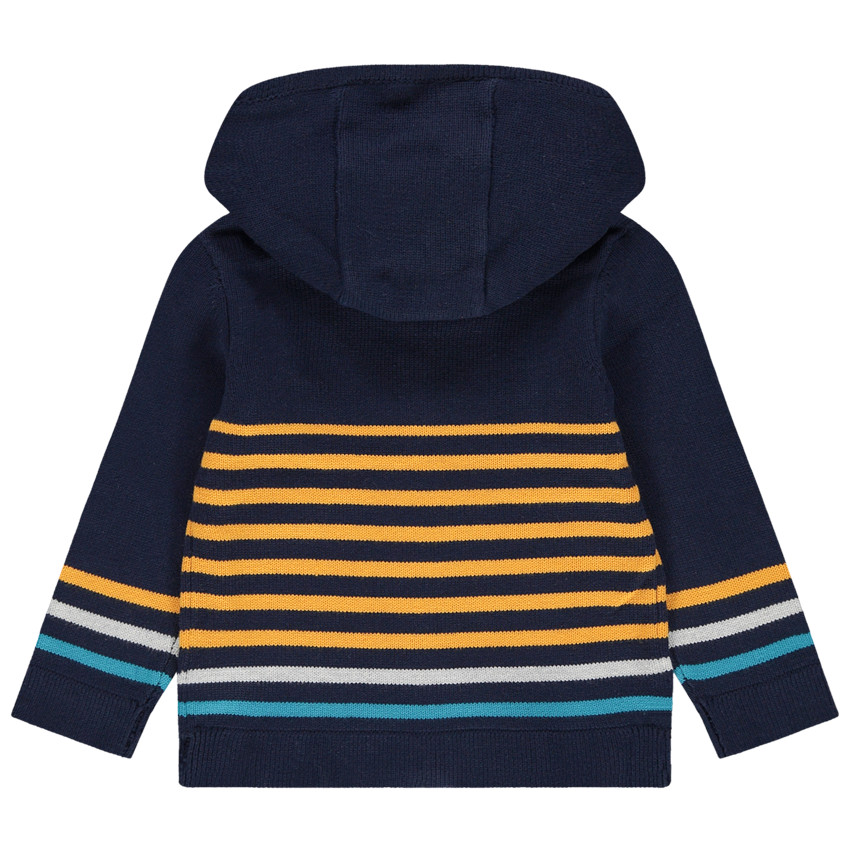 Πλεκτή ζακέτα με κουκούλα, ρίγες και κεντημένη γάτα 