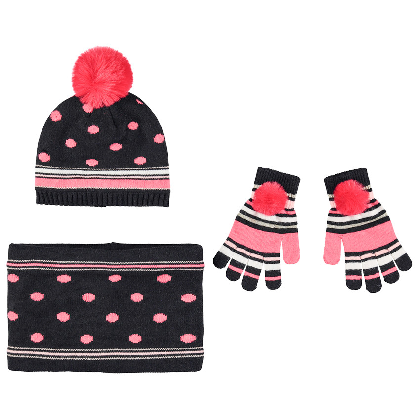 Σετ σκούφος , γάντια & snood πλεκτά με pompons   