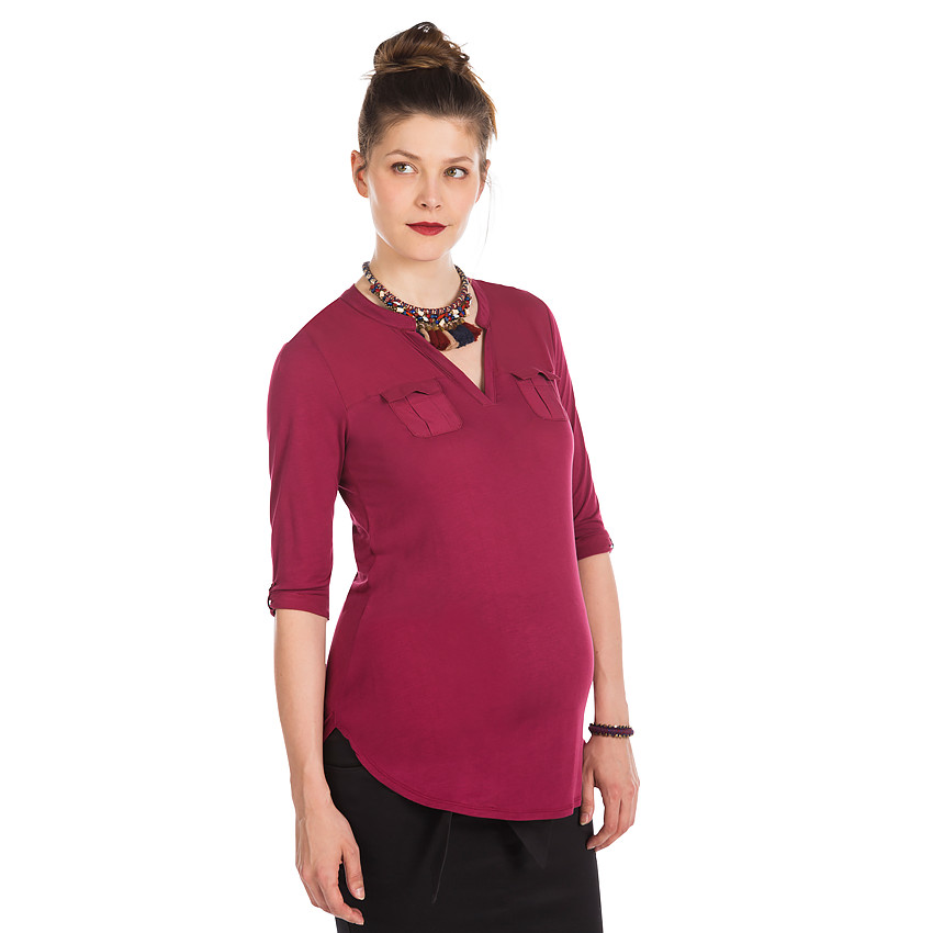 Τουνίκ Εγκυμοσύνης Με Δύο Υφάσματα, Διακοσμητικές Τσέπες Και Γιακά 