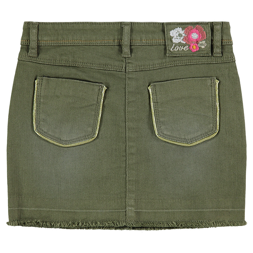 Φούστα από twill με εφέ used και κεντημένα λουλούδια με χρυσές λεπτομέρειες 