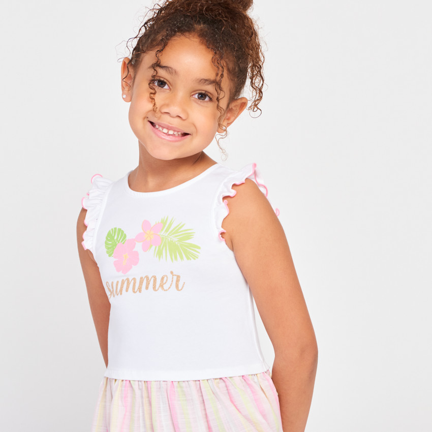 Φόρεμα effet 2-σε-1 bi-matière με τύπωμα και ρίγες για κορίτσι 