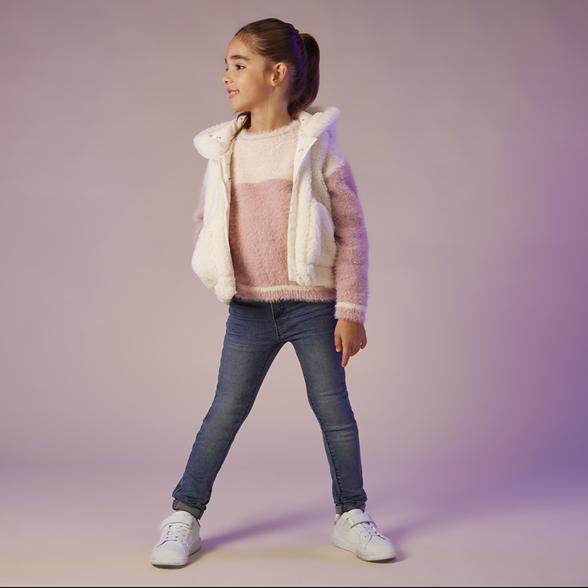 Πουλόβερ πλεκτό με εφέ γούνας και color block για κορίτσι 