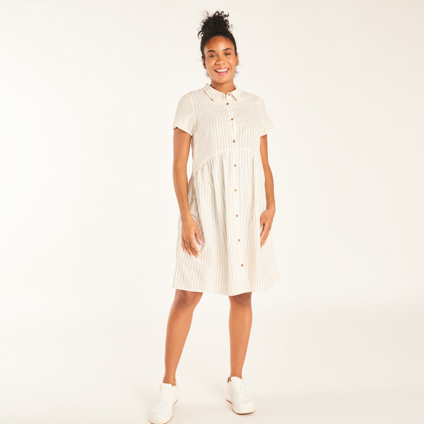 Φόρεμα πουκάμισο με κοντά μανίκια από ριγέ καμβά για έγκυες γυναίκες 
